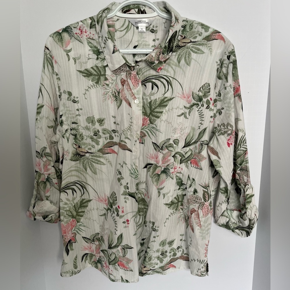 Tropical Botanical Floral Button Down Linen Blend Shirt Top